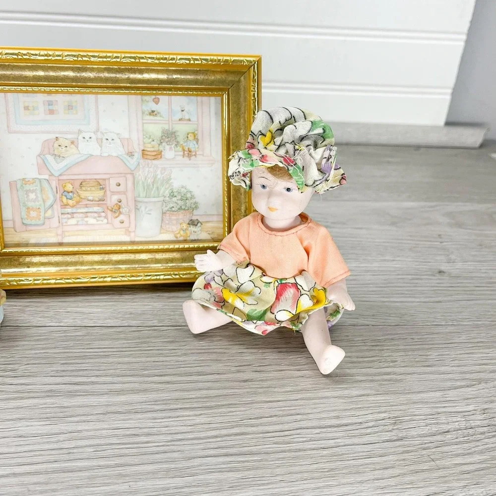 Vintage Nursery Decor Set: Ceramic Rainbow, Teddy Bear Frame, Cat Print